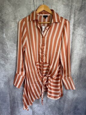 Buckle Black Button Tie Front Long Slv Chiffon Stripe Tunic Top - NWT